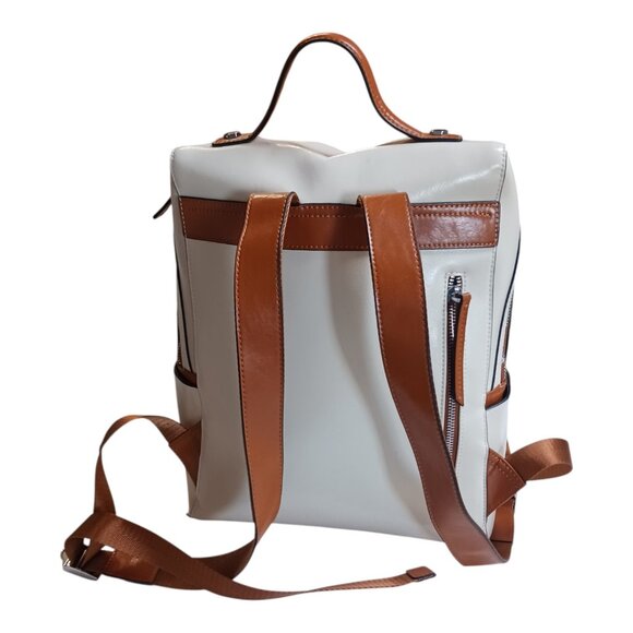 Bostanten Ivory Leather Backpack with Brown Trim - Picture 2 of 14